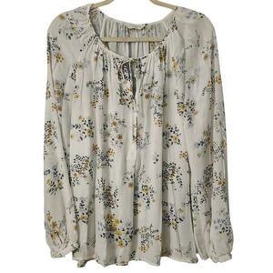 Lucky Brand Women's Peasant Floral Long Sleeve Tie Neck Top, Large
